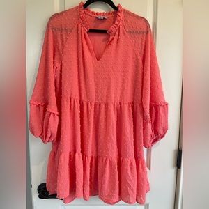 CeCe brand tiered split v-neck 3/4 sleeve clip dot ruffle babydoll dress